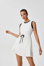 Summer Round Neck One-piece Tennis Dresses for Women White Contrast Sleeveless Drawstring Built-in Shorts Fitness Pleate Skirt