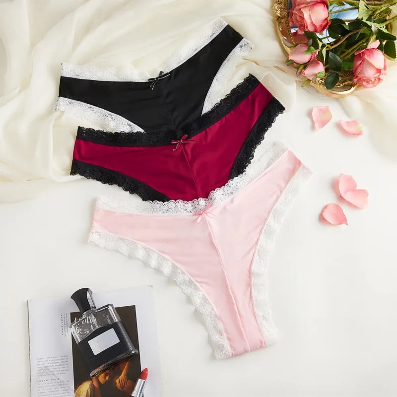3pcs/Set Women's Low-Rise Triangle Panties French Lace Patchwork 2-Color Briefs Thin Gusset Chic Delicate Intimate Underwear