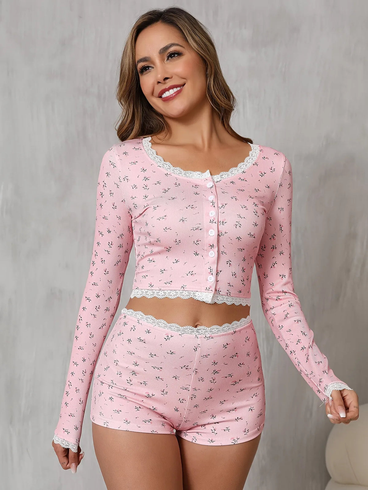 Women’s Floral Pajama Set Long Sleeve Button Front Crop Top and Lace Trim Shorts Soft Ribbed Loungewear