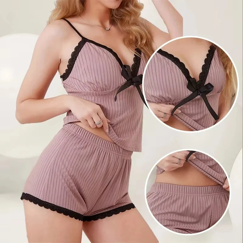 New Womens Sexy Ribbed Pajama Set Lace Trim Cami Top and Shorts Two Piece Sleepwear Loungewear V Neck with Bow Spaghetti Strap