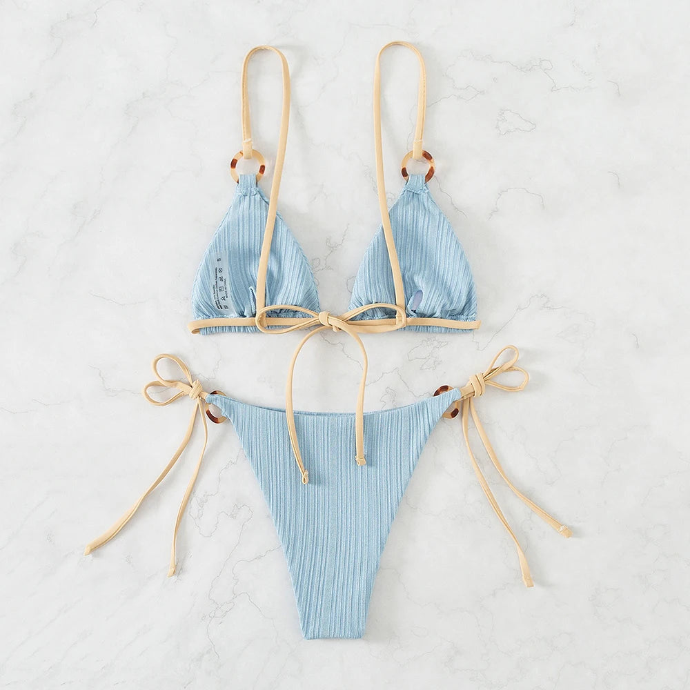 Light Blue Ribbed Swimwear String Bikinis Sets Woman 2026 Sexy Swimsuit Ring Bathing Suit Brazilian Micro Bikini Thong Donna