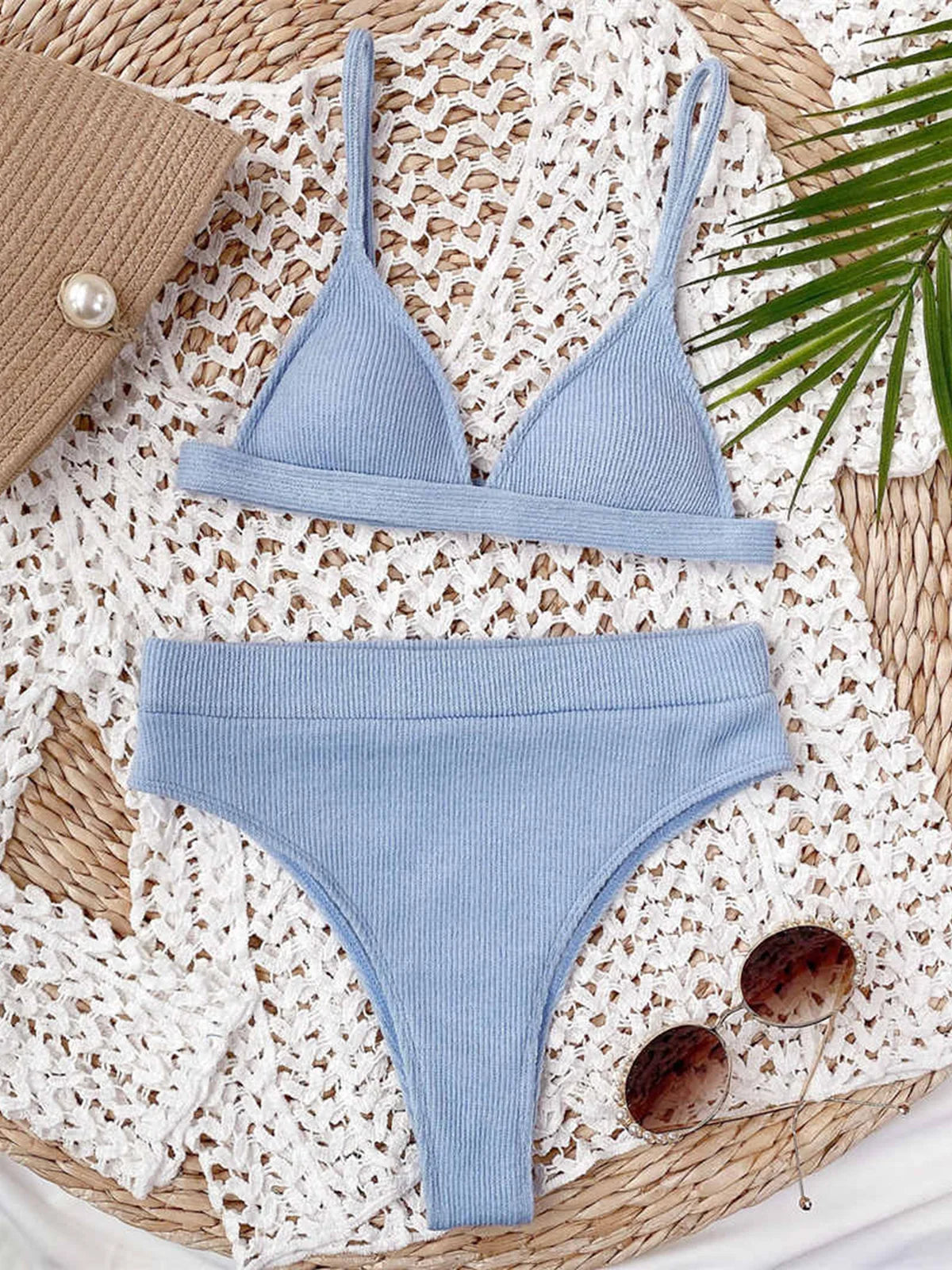 S - XL Sexy Female Swimsuit High Waist Bikini Women Swimwear Two-pieces Bikini set Ribbed Bather Bathing Suit Swim V2328
