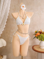Vintage White Floral Embroidery Bikini Set 2026 Women 3D Flower Push Up Bra Pleate Skirt 3 Piece Swimsuit Bathing Suit Swimwear