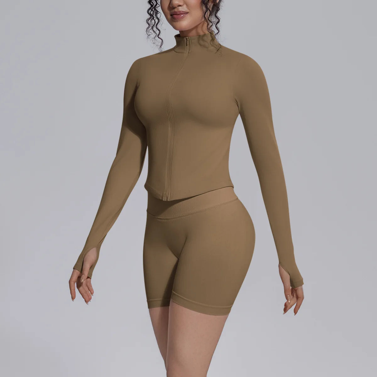 Women's Seamless Yoga Sets Sports Fitness Gym Zipper Long-Sleeve Jacket Hip Lift High-Waist Shorts Suits Workout Training Sets