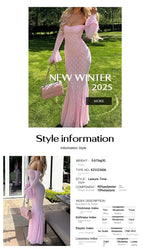 Elegant French Style Pink Long Dress Women Lace Long Sleeved Dress Evening Gown Party Wedding Dress up Lady Spring Summer Outfit
