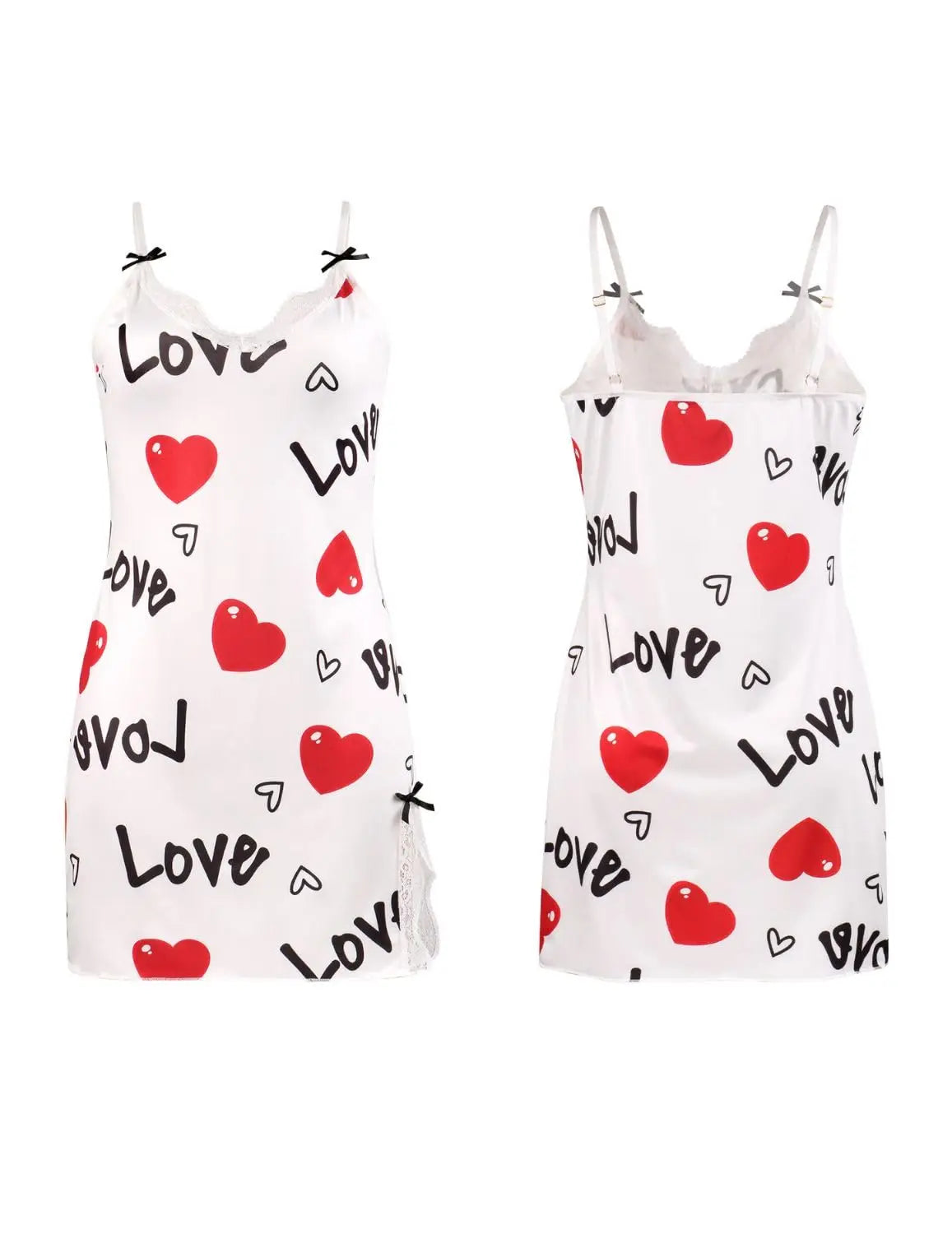 New Sexy Black Nightgown for Women Red HeartLove Print Satin Lace Trim Mini Chemise Adjustable Spaghetti Strap Lingerie