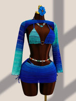 Sexy Blue Gradient Knitted 4 Piece Bikini Set 2026 Swimwear Women Long Sleeve Cover Up Drastring Skirt Holiday Thong Swimsuit