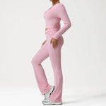 2 Pieces Women's Seamless Yoga Set Long-sleeved Shirt Flared-pants Tracksuit Running Fitness Sports Set Slim-fit High Waist Suit