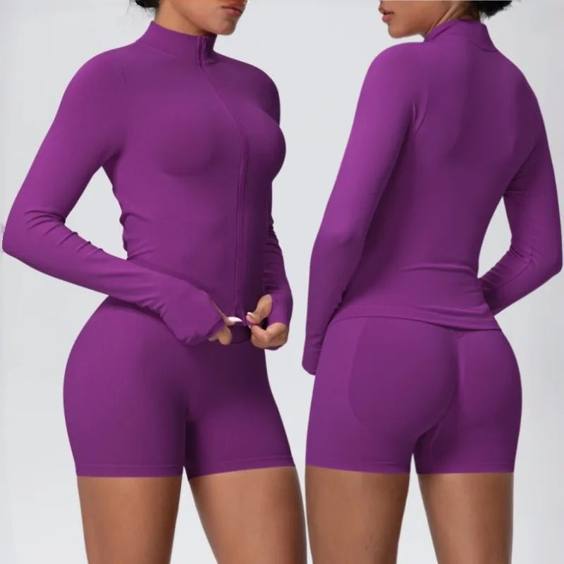 Women's Seamless Yoga Set Slim Fit Breathable High Elasticity Zipper Sports Set Outdoor Leisure Running Fitness Set