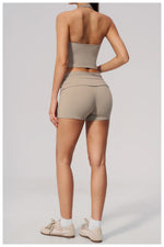2PCS Yoga Set Women V-neck Cross Neck Shock-absorbing Sports Vest Workout Pleate Flip High Waist Shorts Gym Runing Fitness Suits