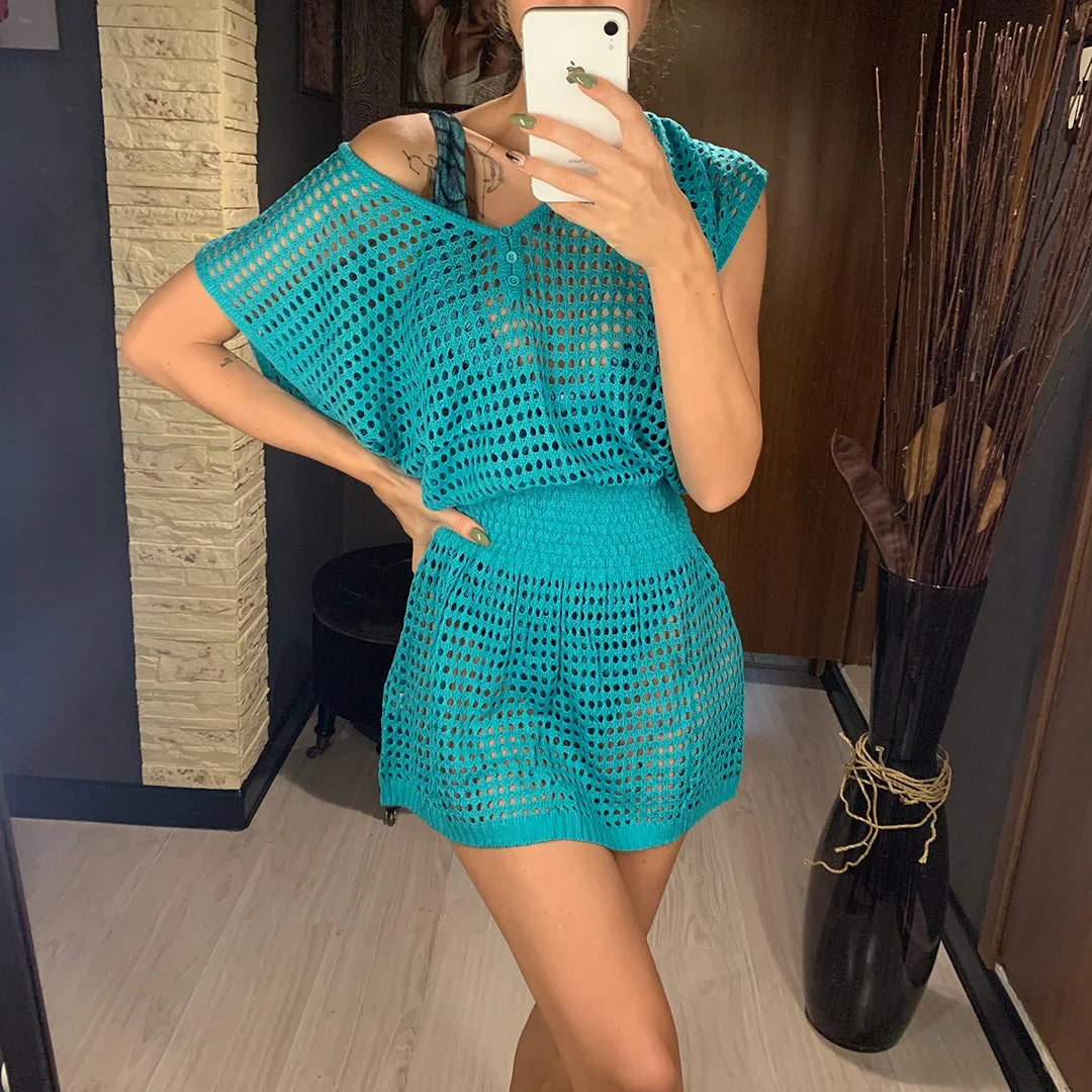 5 Colors New Crochet Knitted Beach Cover Up Dress Tunic Long Pareos Bikinis Cover Ups Swim Cover Up Robe Plage Beachwear V2053