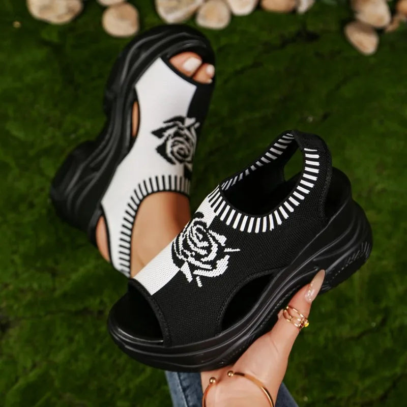 2026 Summer New Knitted Shoes Fairy Fish-mouth Wind Cake Sole High Heel Flying Weave Slope Heel Thick Sole Sports Women's Sandal