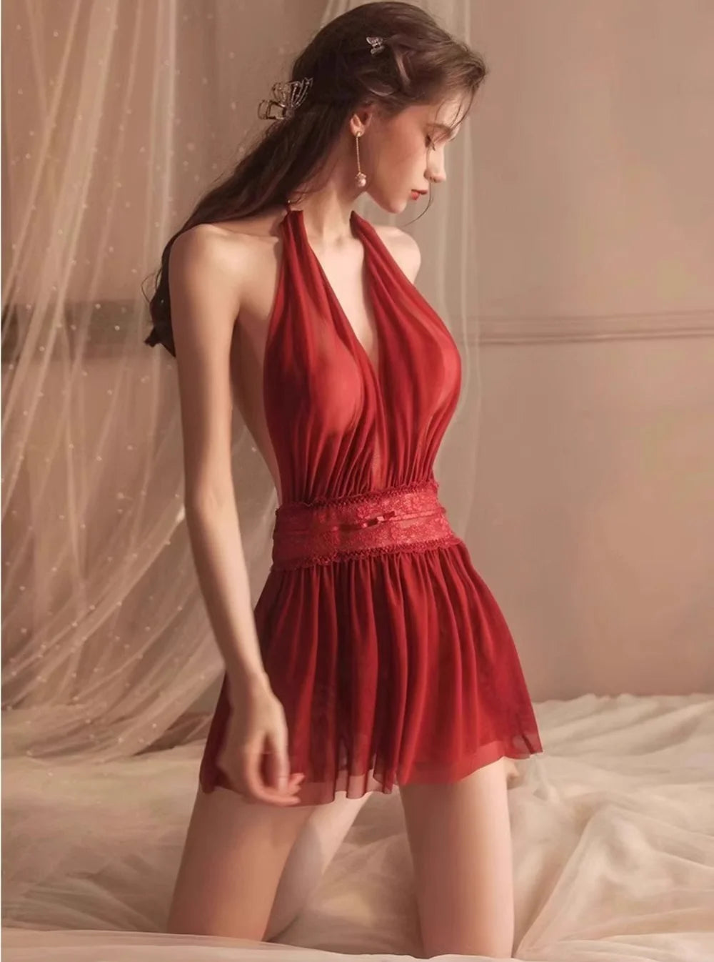 French Style Sexy Nightgown for Women Thin Strap Backless Lace Mesh Sleep Dress Summer French Style Hot Date Night Homewear