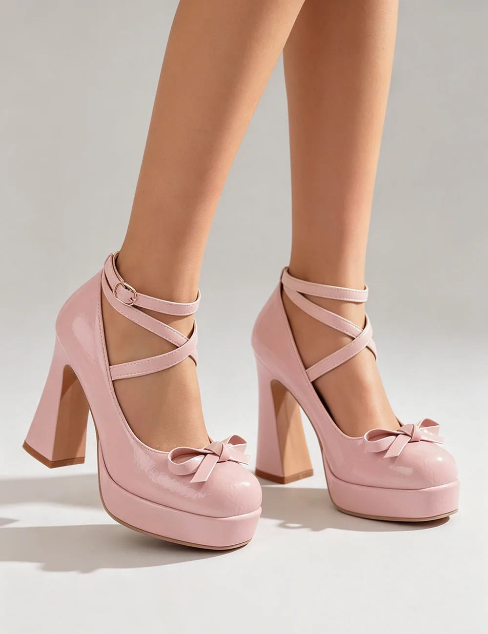 Big Size 45 Women's Sweet Pink Mary Jane 10.5cm High Heels Pumps Lolita Round Toe Bow Cross-Strap Platform Chunky Heel Shoes