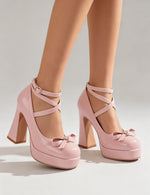 Big Size 45 Women's Sweet Pink Mary Jane 10.5cm High Heels Pumps Lolita Round Toe Bow Cross-Strap Platform Chunky Heel Shoes