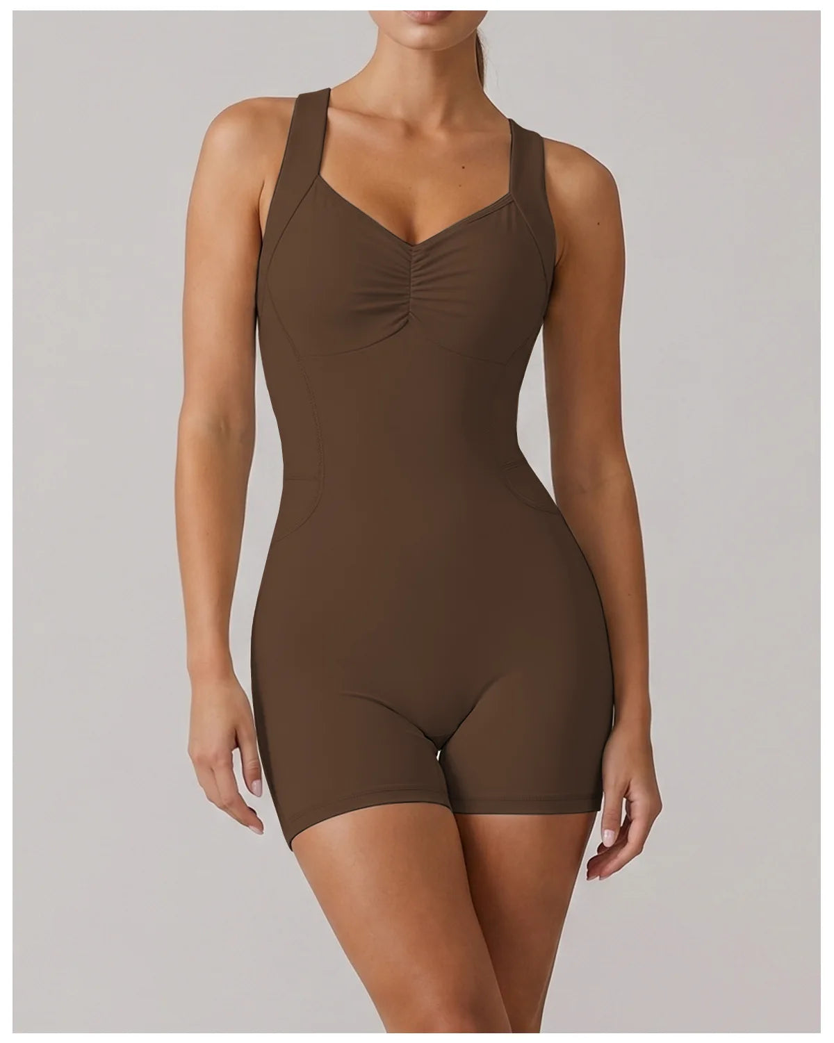 Cross Exposed Back Shaping Nude Yoga Jumpsuit Women Summer Sleeveless Pleate Slim Hip Lifting Short Sport Fitness One Piece Suit