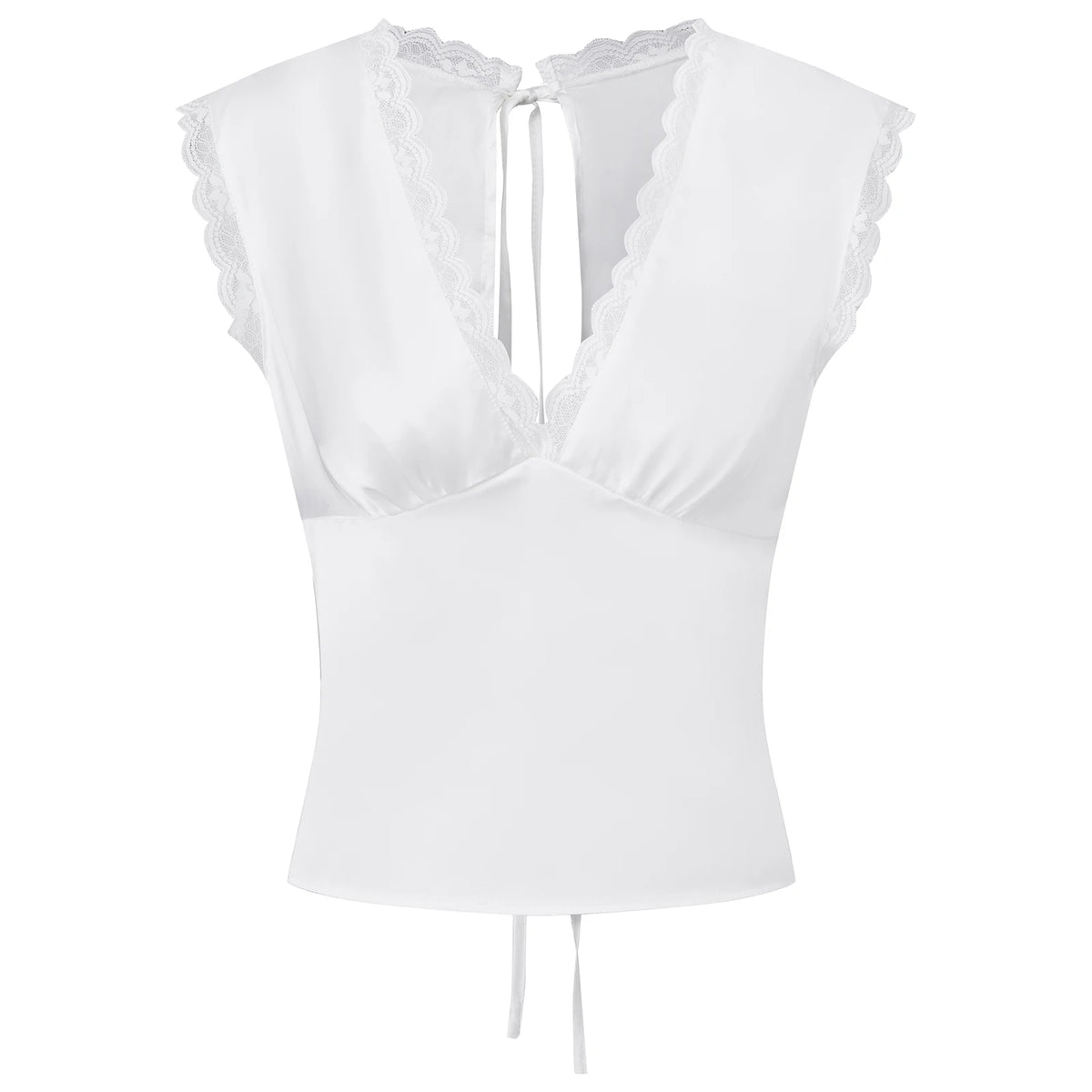 New Women Sleeveless Shirts Satin Lace Trim Deep V Neck Cropped Tops Blouses for Going Out Party Street Summer Vest