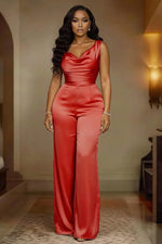 Sexy Swing Collar Waisted Solid Satin Jumpsuit Fashion Commute Wide Leg Pants Romper Women Casual Sleeveless Pleat Long Playsuit
