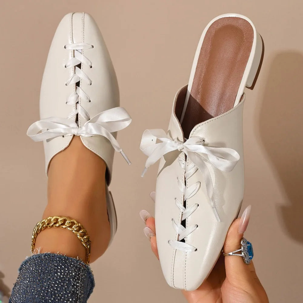 2026 New Retro Summer Brown Women's Slippers Thick Low Heels Square Head Lace Up Ladies Comfortable Outdoor Beach Sliders 35-45