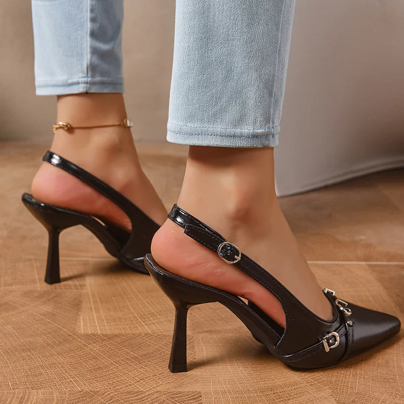Punk Style Belt Buckle High Heels Sandals Women 2025 Sexy Pointed Toe Stiletto Heel Sheos Woman Back Strap Mules Sandles Female