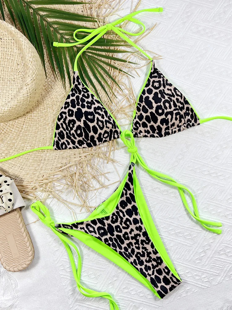 Zebra Print Halter micro Bikini 2025 women Bandeau String Swimsuit Female swimwear Neon Shiny bikini set Leopard Bathing Suit