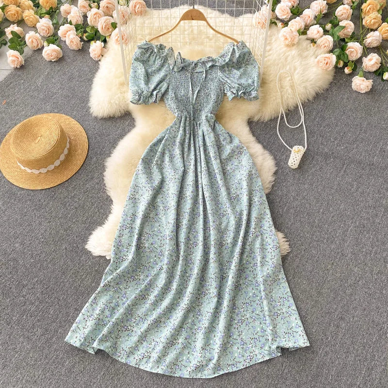 2025 Summer French Vintage Floral Dress Fashion Elegant High-Waisted Drawstring Vestidos Printed Fresh And Sweet Long Dresses