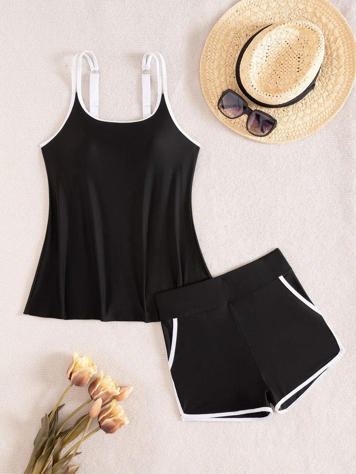 Black White Patchwork Tankini Set Swimwear Women 2026 Double Strap Push Up Tank Top High Waist Pocket Short Two Piece Swimsuit