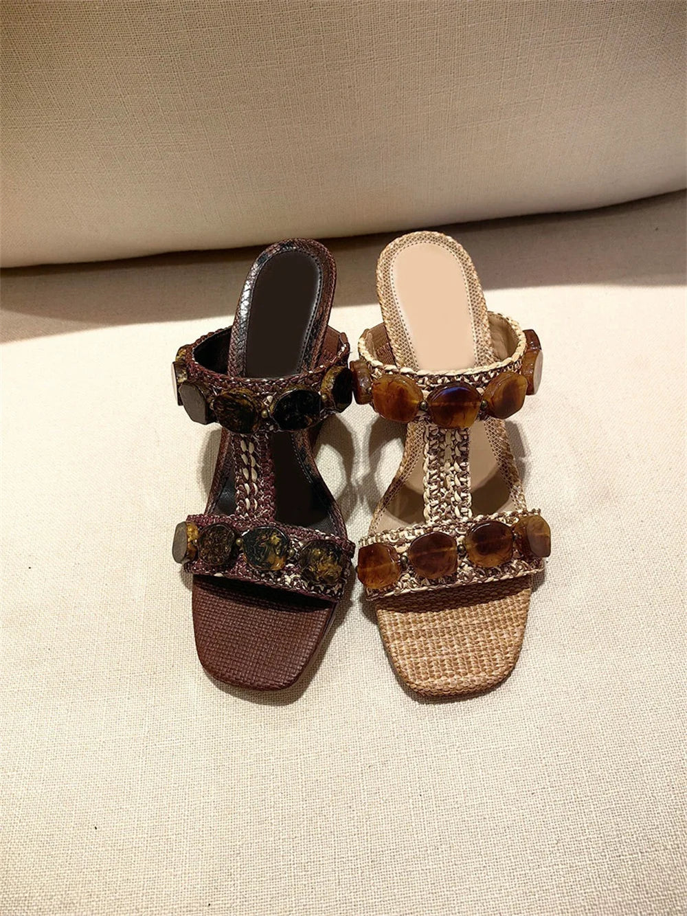 Boho Raffia Comfortable 8cm High Heels Wedge Slide Mules T-Strap Vacation Beach Straw Heels Espadrille Wedge Sandals Women Shoes
