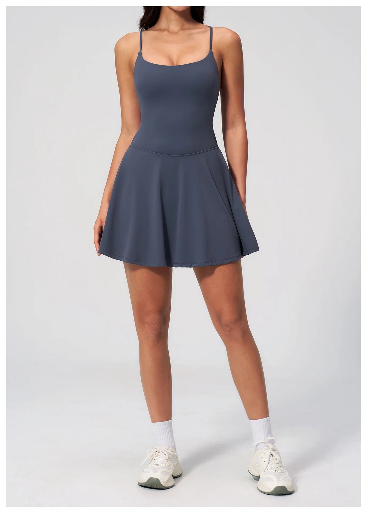 Women Tennis Dress with Shorts Pocket Square Neck Hollow Back Sleeveless One Piece Sports Outfit Fitness Pleate Mini Dresses
