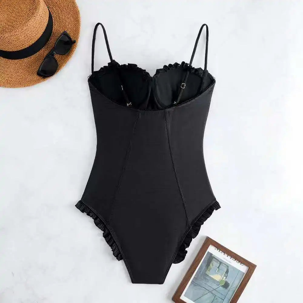 Push Up One Piece Swimsuit Female 2026 Swimwear Women Slim Bathing Suits Summer Beach Wear Frill Monokini Swimming Suit Black