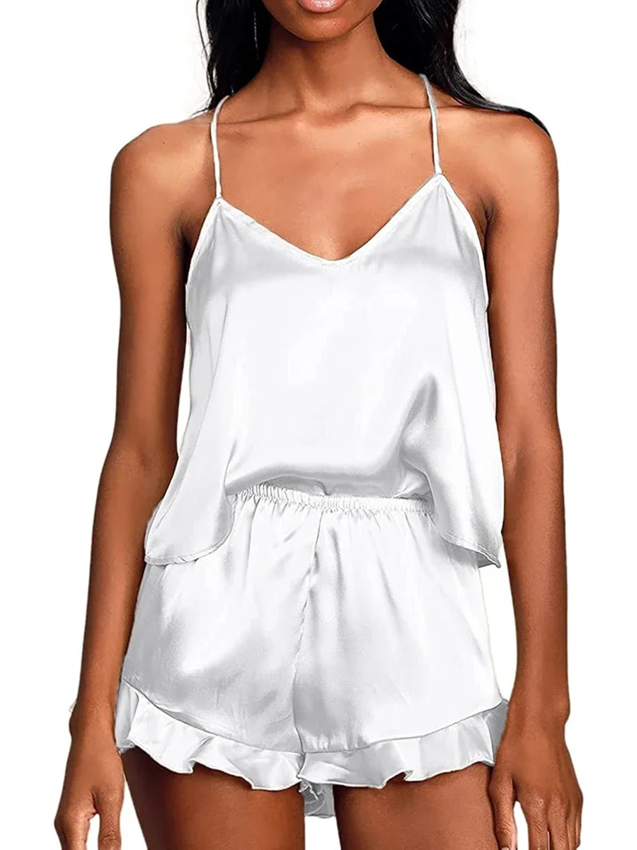 2 Piece Sets Women Nightwear Solid Color Sleeveless Camisole Tops + Ruffle Shorts Sets Summer Pajama Set Loungewear
