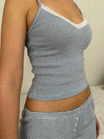 2 Piece Sets Women's Loungewear Striped Lace Trim Sleeveless Tank Tops and Shorts Sets Ladies Summer Pajama Sleepwear