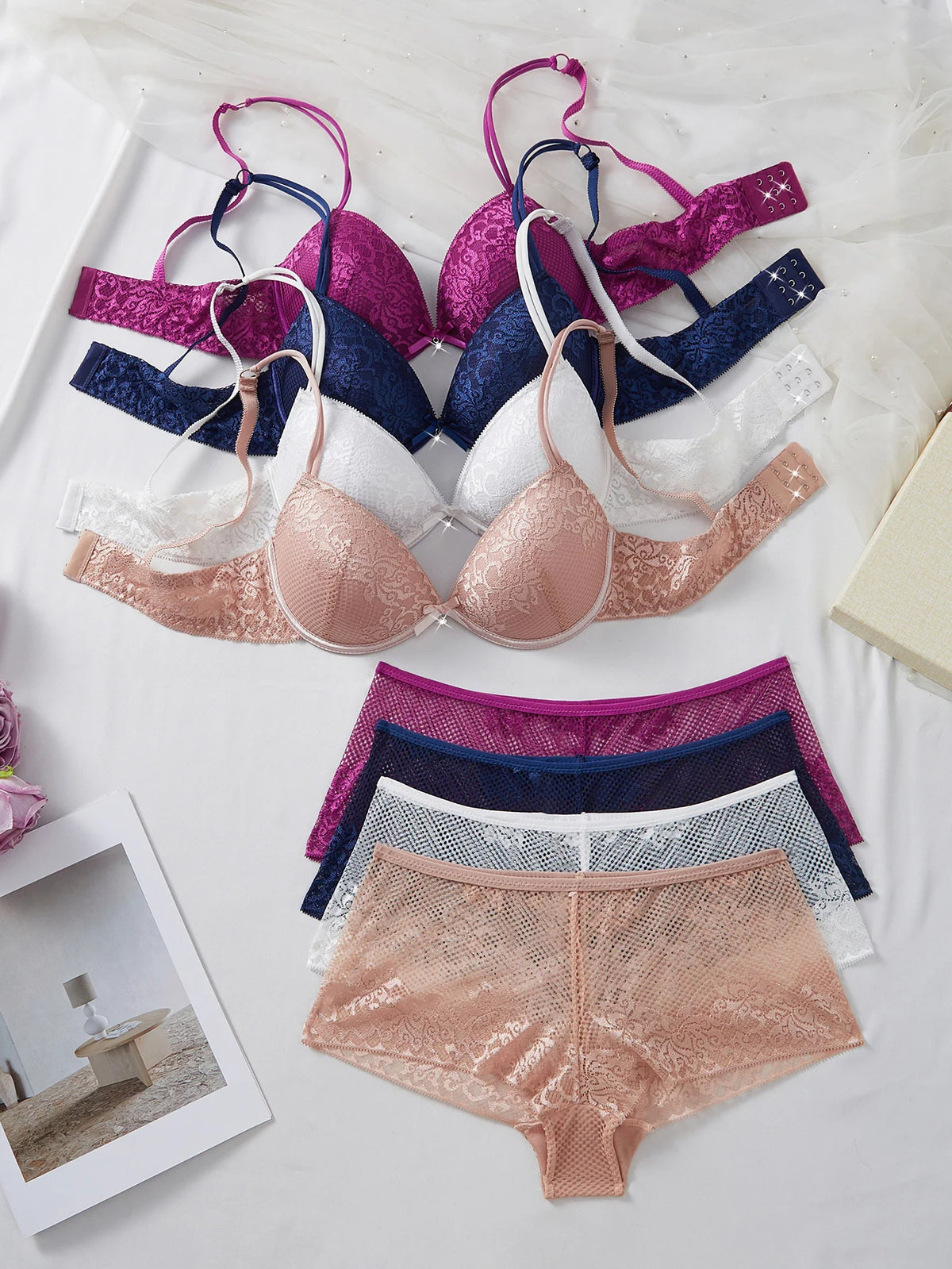 4-Piece Women's Floral Lace Lingerie Set Sexy Underwire Push-Up Bra Breathable Hollow Out Fashion Intimates