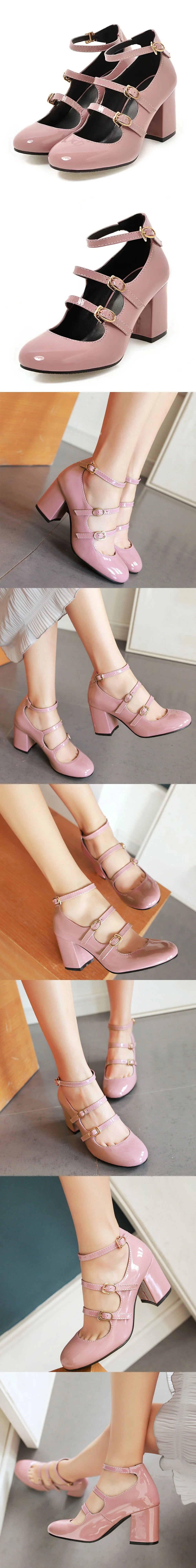 Brand New Big Size 43 Sweet Red Mary Jane Pumps Lovely 7cm High Heels Buckle Straps Party Shoes Black Office Lady Shoes Women