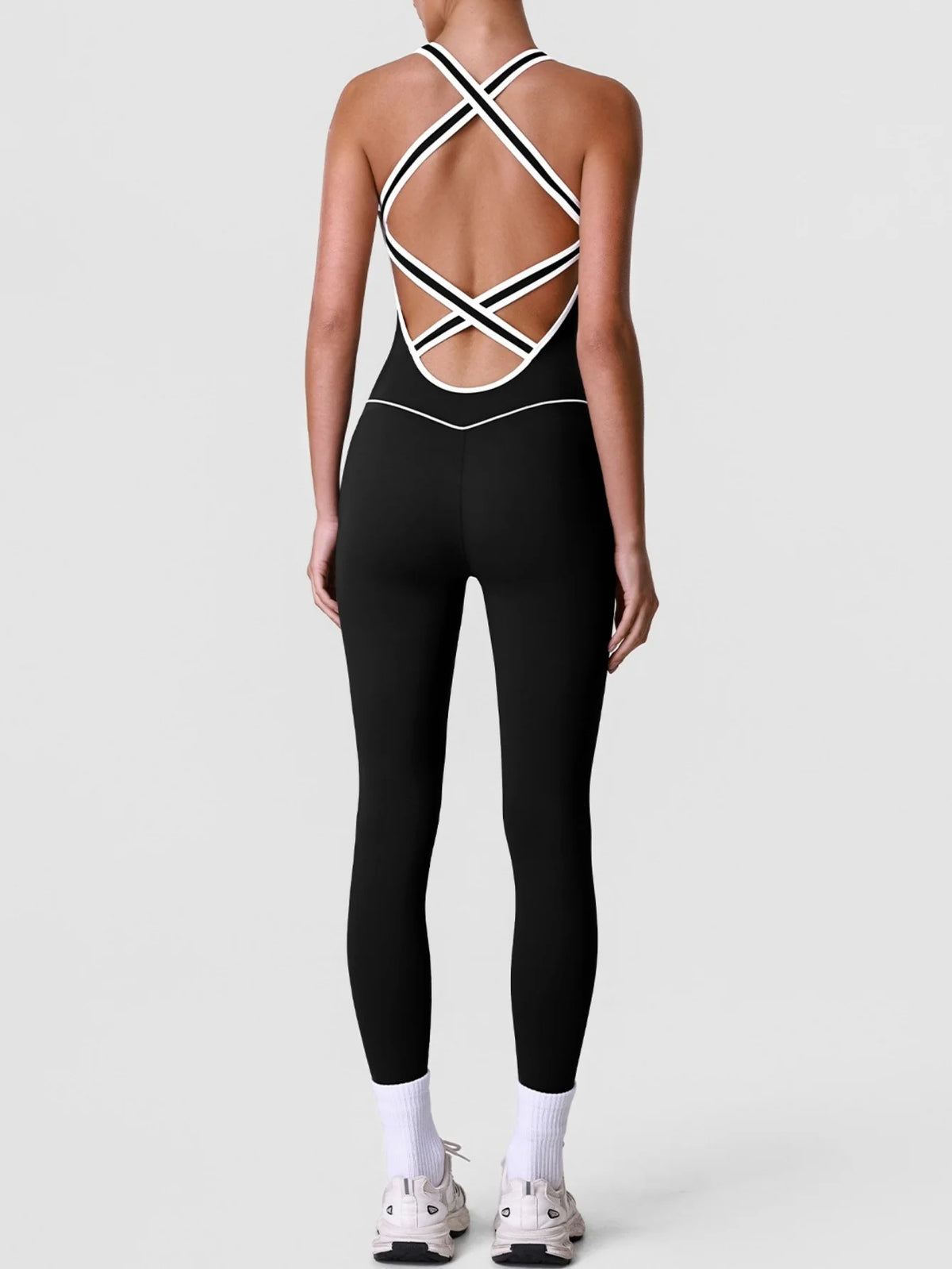 High Stretch Body Shaping Yoga Jumpsuit Women Black Patchwork Hollow Out Back Cross Fitness Sports One Piece Workout Bodysuits