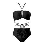 Sexy Red 3D Flower Swimwear Halter Bandeau Bikinis Sets High Wiast Swimsuit 2025 Women Ruched Bathing Suit Bikini Mujer Bather