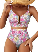 Women Sexy Floral Bikini High Waist Tummy Control Floral Bikini U Line Cross Back Padded Bikini Two Piece Beach Swimsuit
