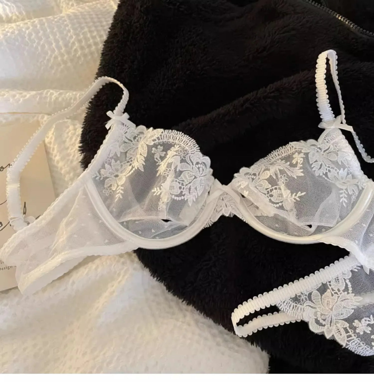 French Lace Bra & Panty Set w/Steel Rings Ultra-Thin Push-Up Bralette Small Bust Sheer White Sexy Lingerie Pure Seductive Style