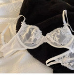 French Lace Bra & Panty Set w/Steel Rings Ultra-Thin Push-Up Bralette Small Bust Sheer White Sexy Lingerie Pure Seductive Style