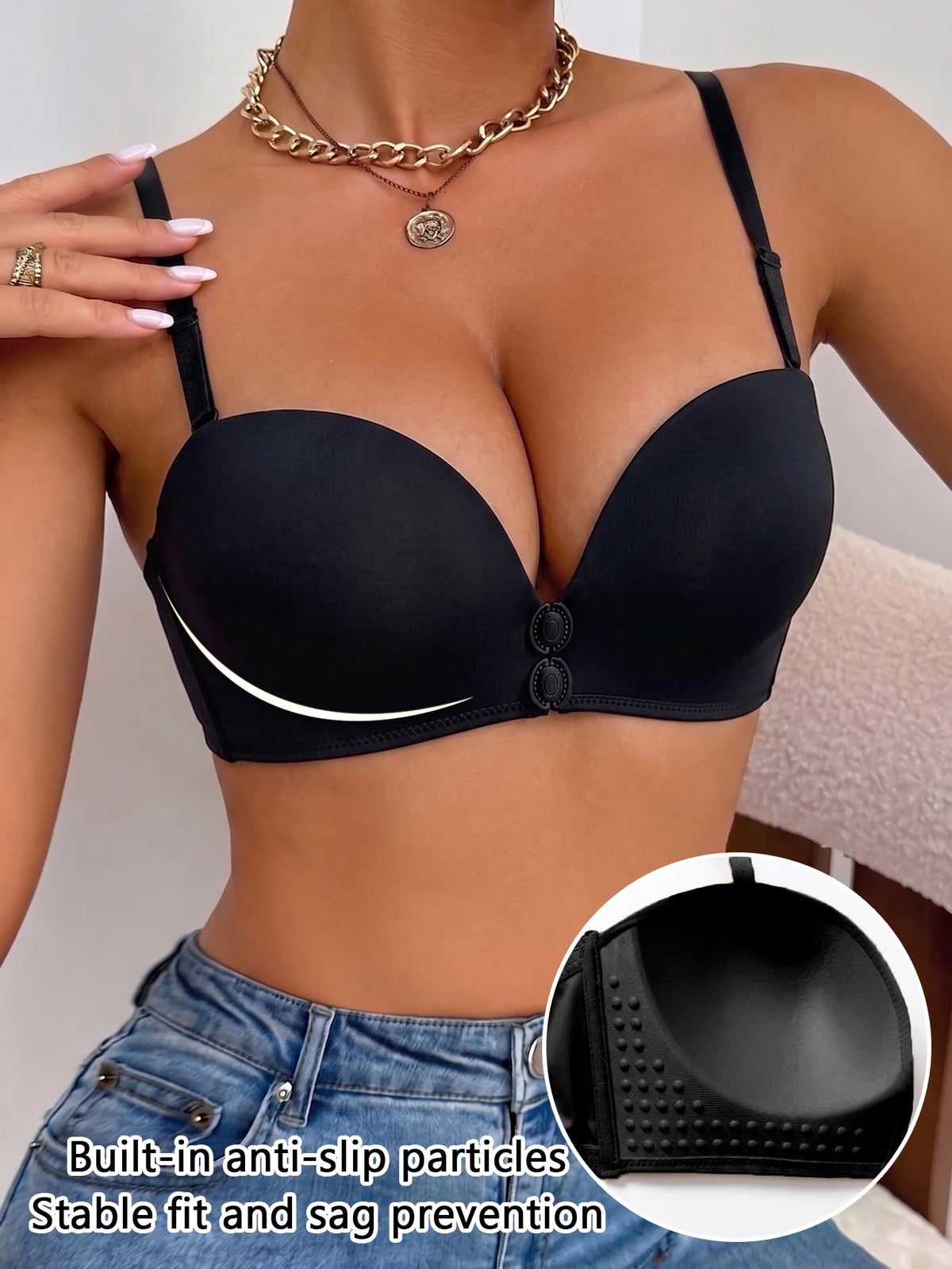 Solid Women Push Up Bra Front Closure Invisible Anti-slip Particles Side Collect Fat Comfortable Brassiere