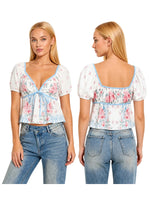 Womens Summer Crop Tops Puff Short Sleeve V Neck Floral Print T-shirts