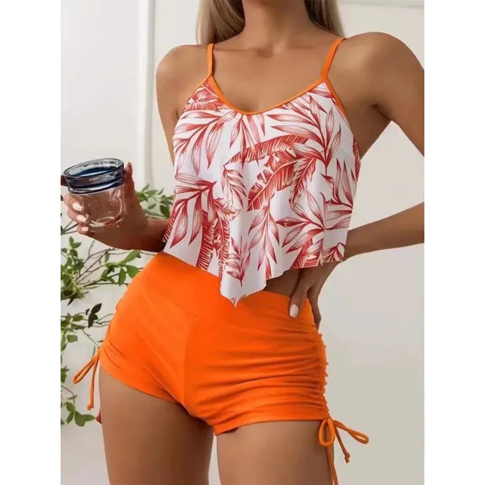 New Green Orange Ruffle Tankini Sets Swimwear High Waist Women Two Pieces Swimsuit Summer Drawstring Sporty Shorts Bathing Suits