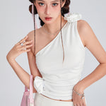 Women Solid Color Tank Tops Summer One Shoulder Sleeveless 3D Rosette Ruched Vest Tops