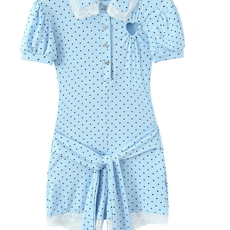 New Pure Desire Casual Style Lace Patchwork Heart Hollow Out Puff Sleeve Polka Dot Belt Jumpsuit Shorts For Woman Charming 6M0J