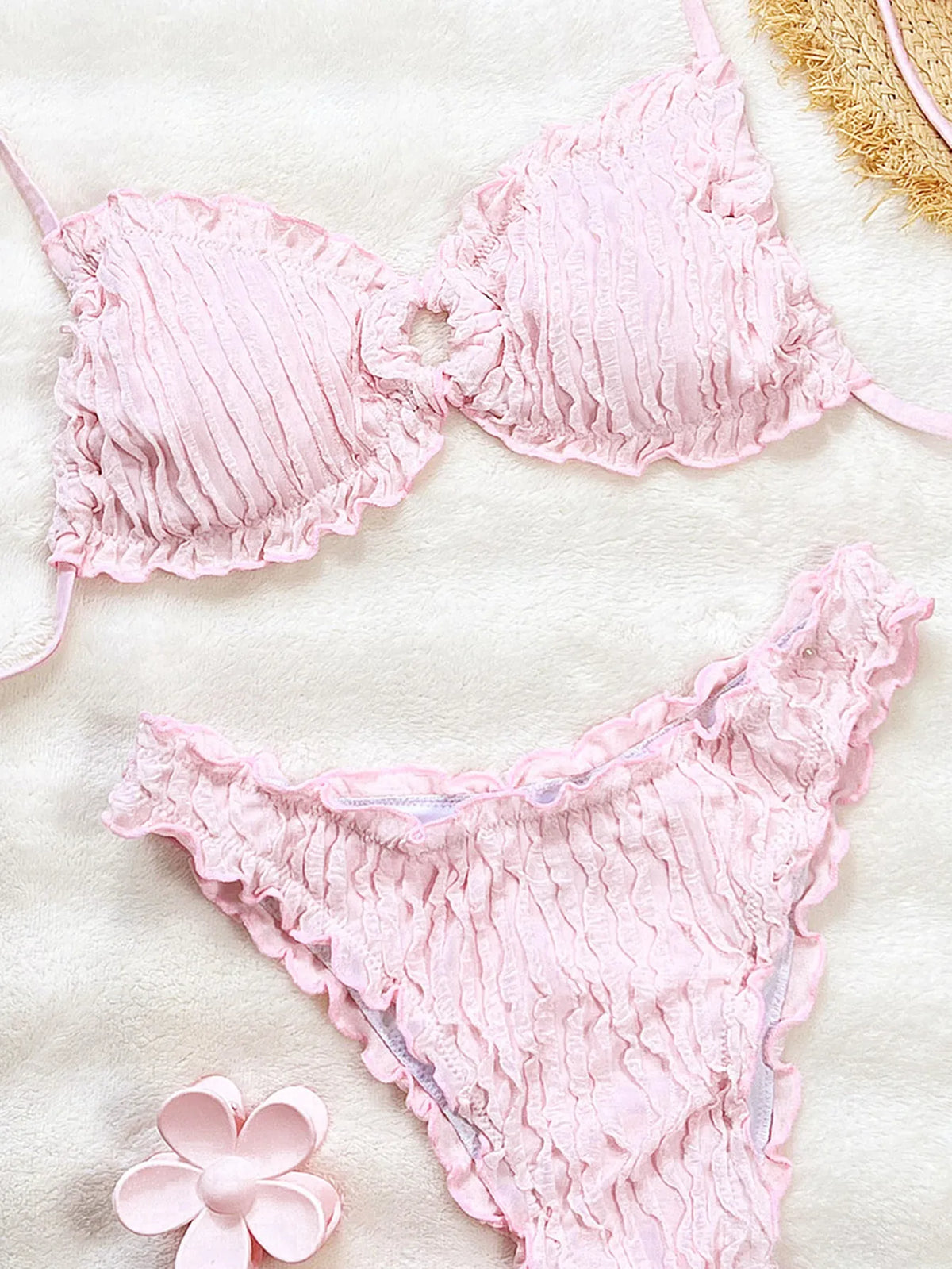 Summer Ruffles High Waist Bikini Set 2026 Women Hollow Out Circle Push Up Bra Two Piece Swimsuit Beach Bathing Suit Swimwear