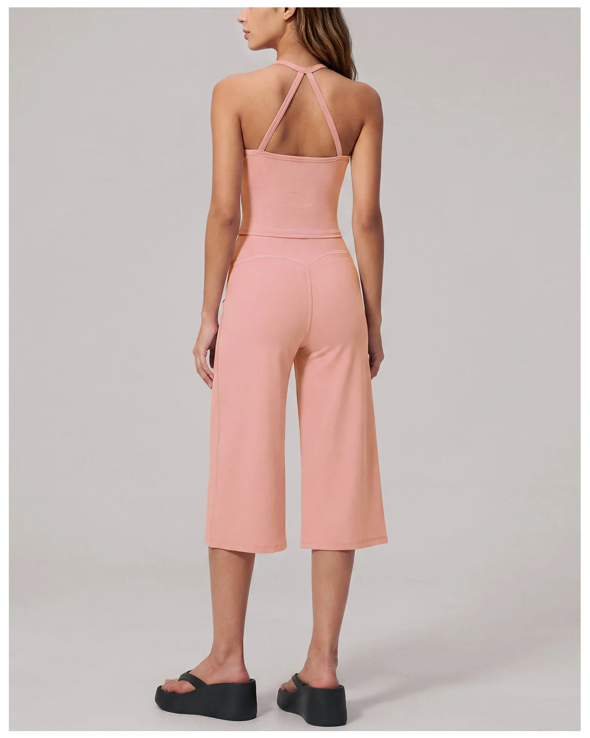 Hanging Neck Camisole Yoga Sets Women Nude Hollow Back Cross Slim Sports Tank Top High Waist Wide Leg Capri Pants Fitness Suits