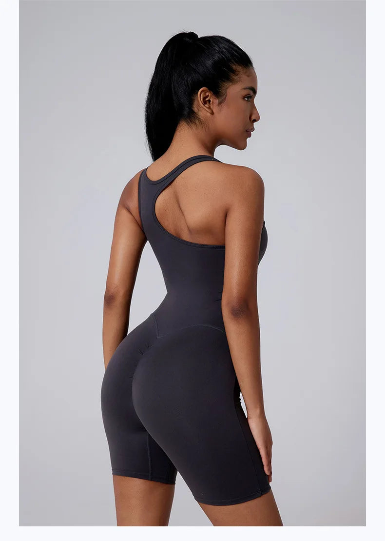 Sexy Fitness Yoga Jumpsuit Women Sleeveless Slim Playsuit Pleated Hollow Running Scrunch Shorts Romper One Piece Sports Suit
