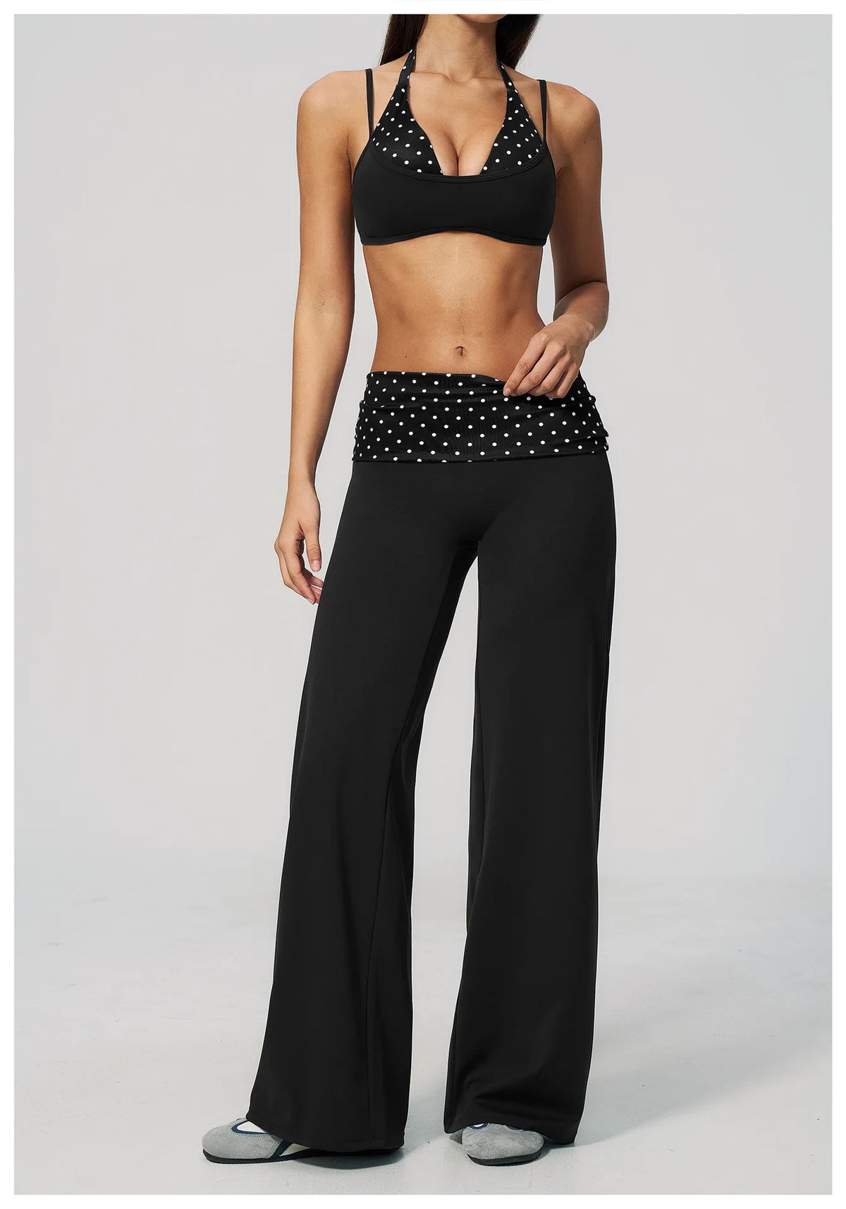 Fake Two-piece Sports Bra Yoga Sets Women Coffee Striped Patchwork Folding High Waist Wide Leg Pants Gym Running Fitness Suits