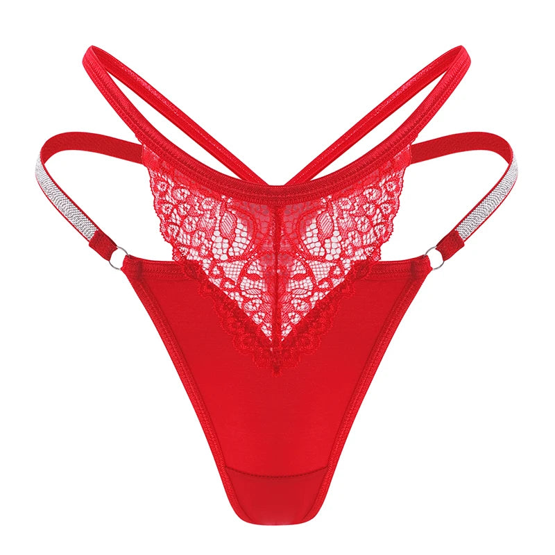Women Red Lace Thong G-string With Shiny Rhinestone Straps Low Rise Mesh Panties Lingerie For Nightwear Ladies Sexy Underwear