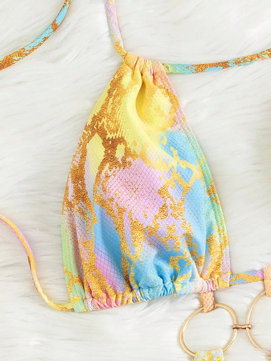 Snake Skin Halter Hollow Out Metal Rings Female Swimwear One Piece Swimsuit Women Monokini High Leg Cut Bather Bathing Suit Swim